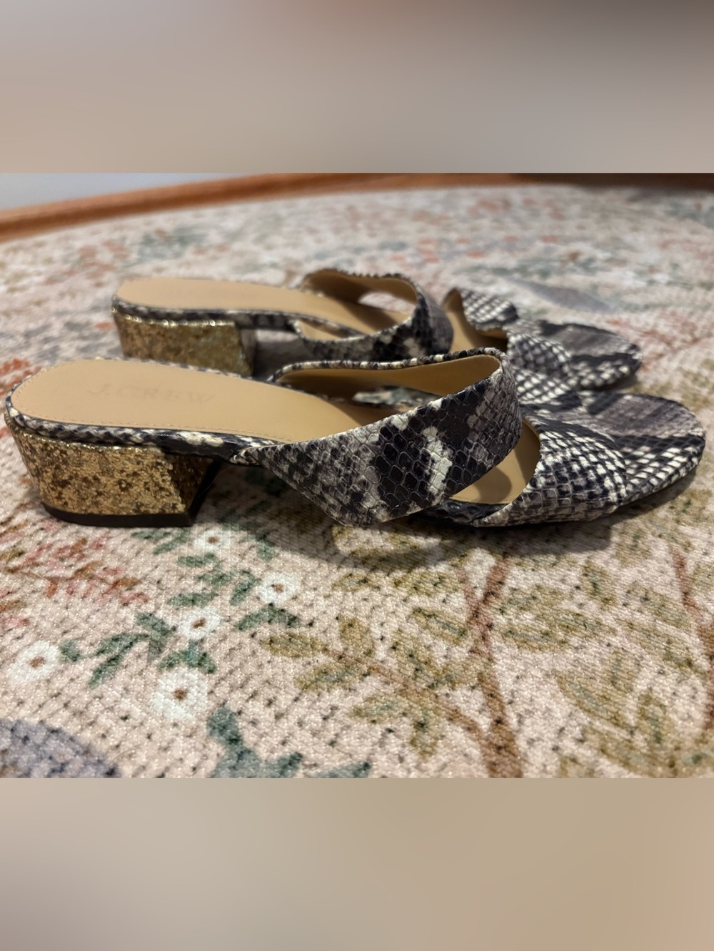 J. Crew double strap snakeskin sandal with gold glitter heel. Size 7.5.